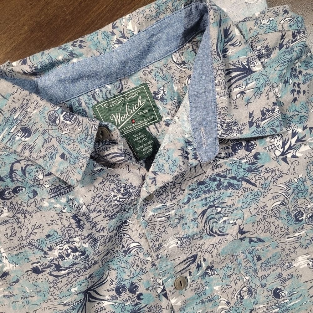 Woolrich‎ Mens XL Short Sleeve Button Down Shirt Blue Grey Landscape Print